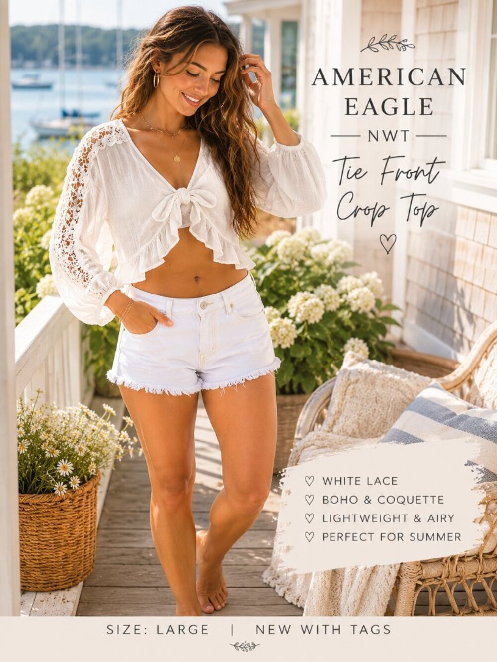 NWT American Eagle White Lace Tie Front Crop Top L Boho Coquette